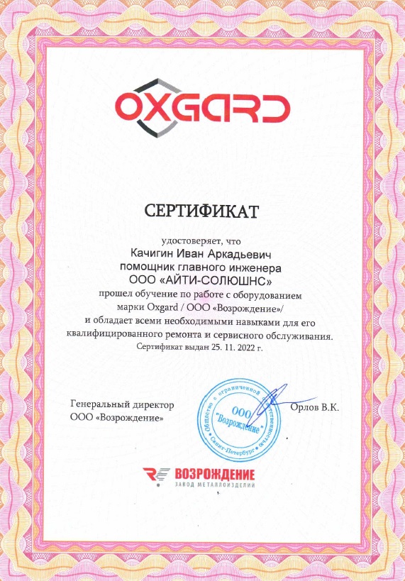 Сертификат Айти Солюшнс Качигин Иван Аркадьевич помощник главного инженера